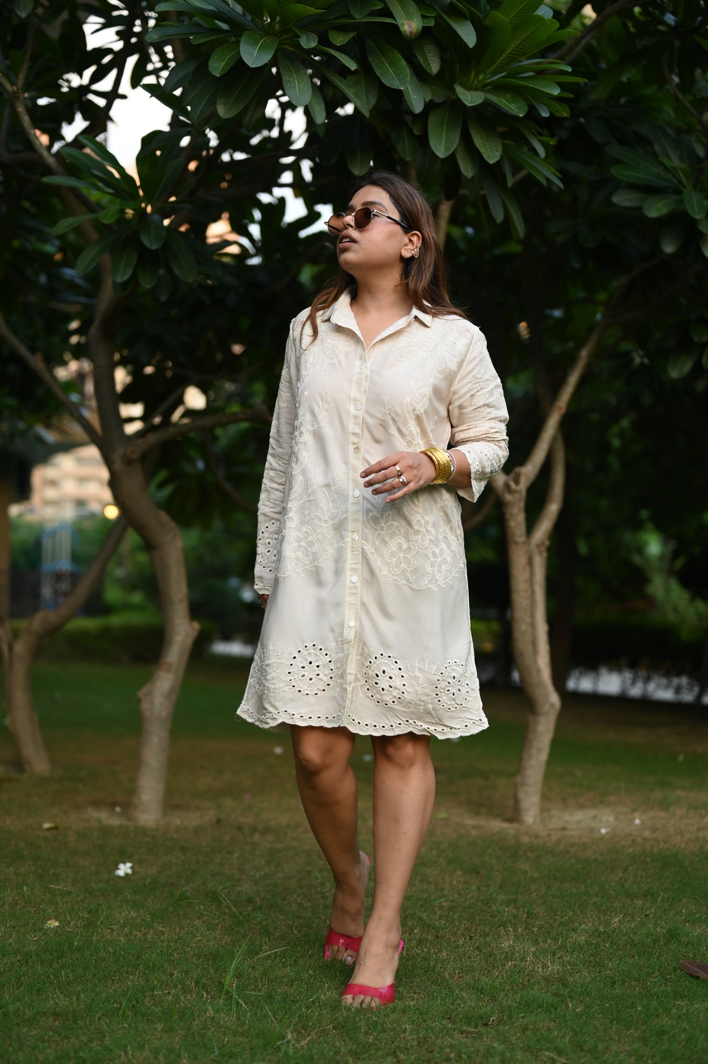 Ivory Shirt Dress with Delicate Thread Embroidery – Free Size Upto XL