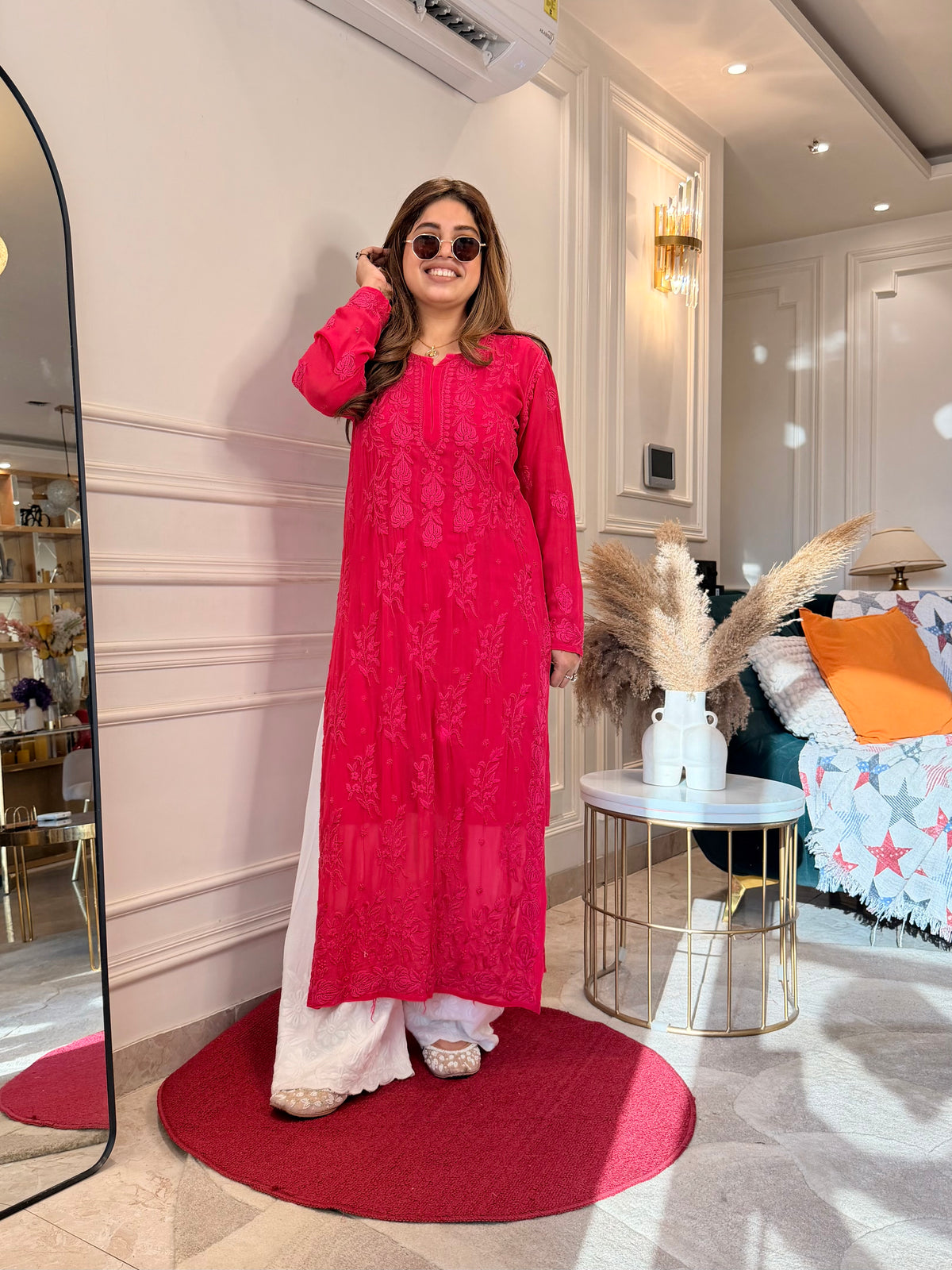 Hand Embroidered 3DChikankari Kurta  | Viscose | Hot Pink