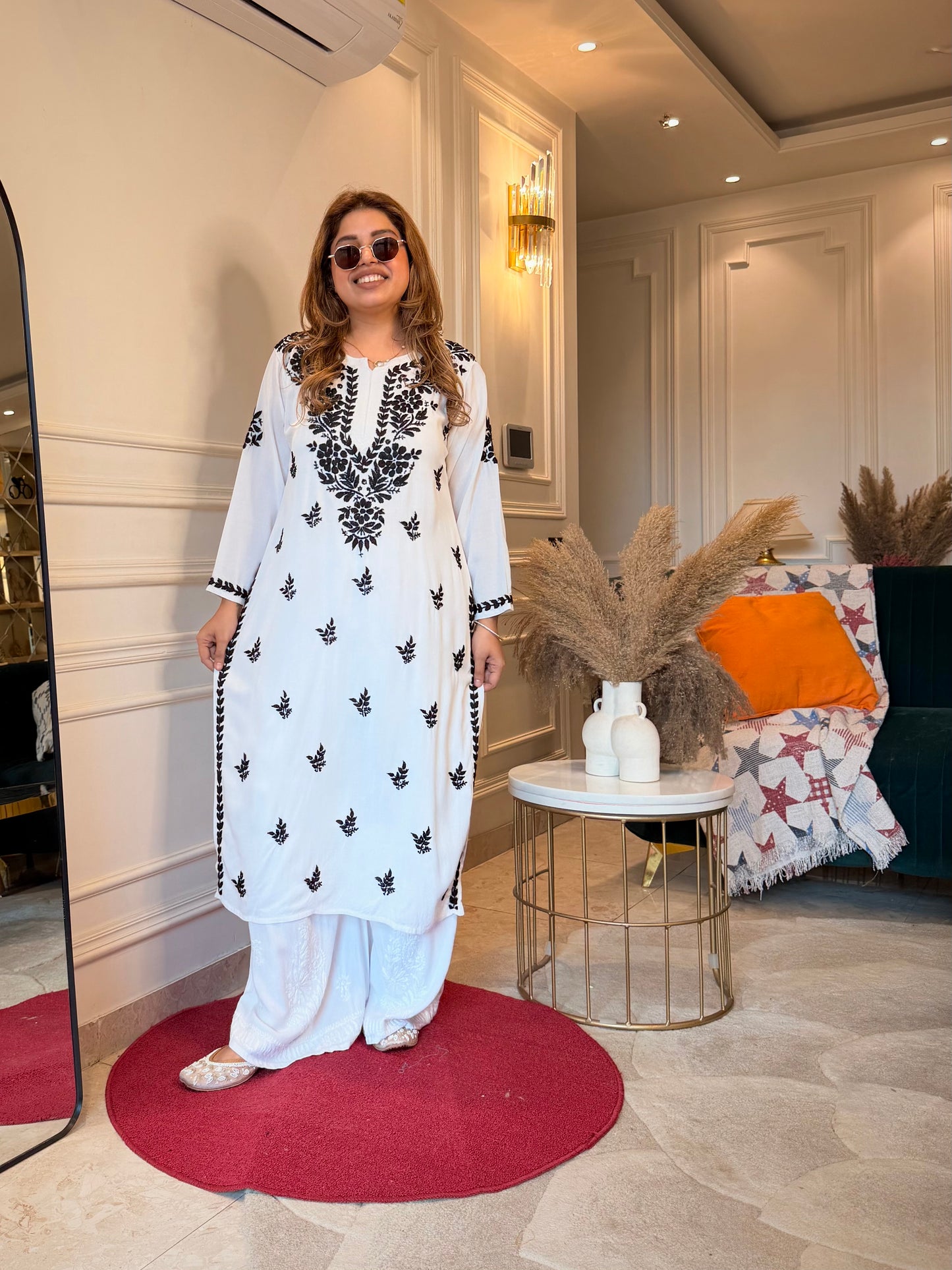 Chikankari Kurta Set Plazo | Mul Cotton | white with Black Thread Embroidery