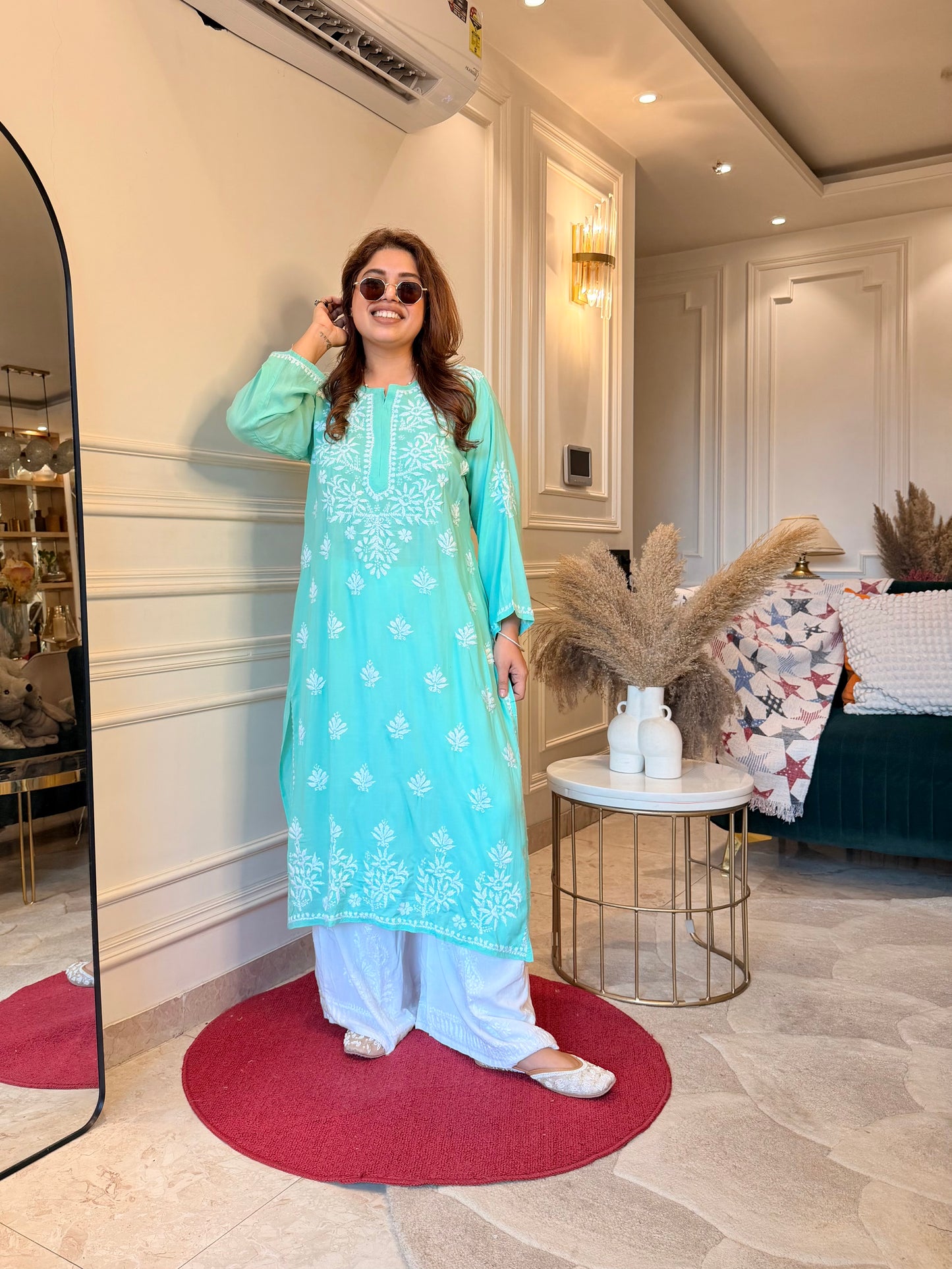Hand Embroidered Chikankari Kurta | Modal | Aqua Mint