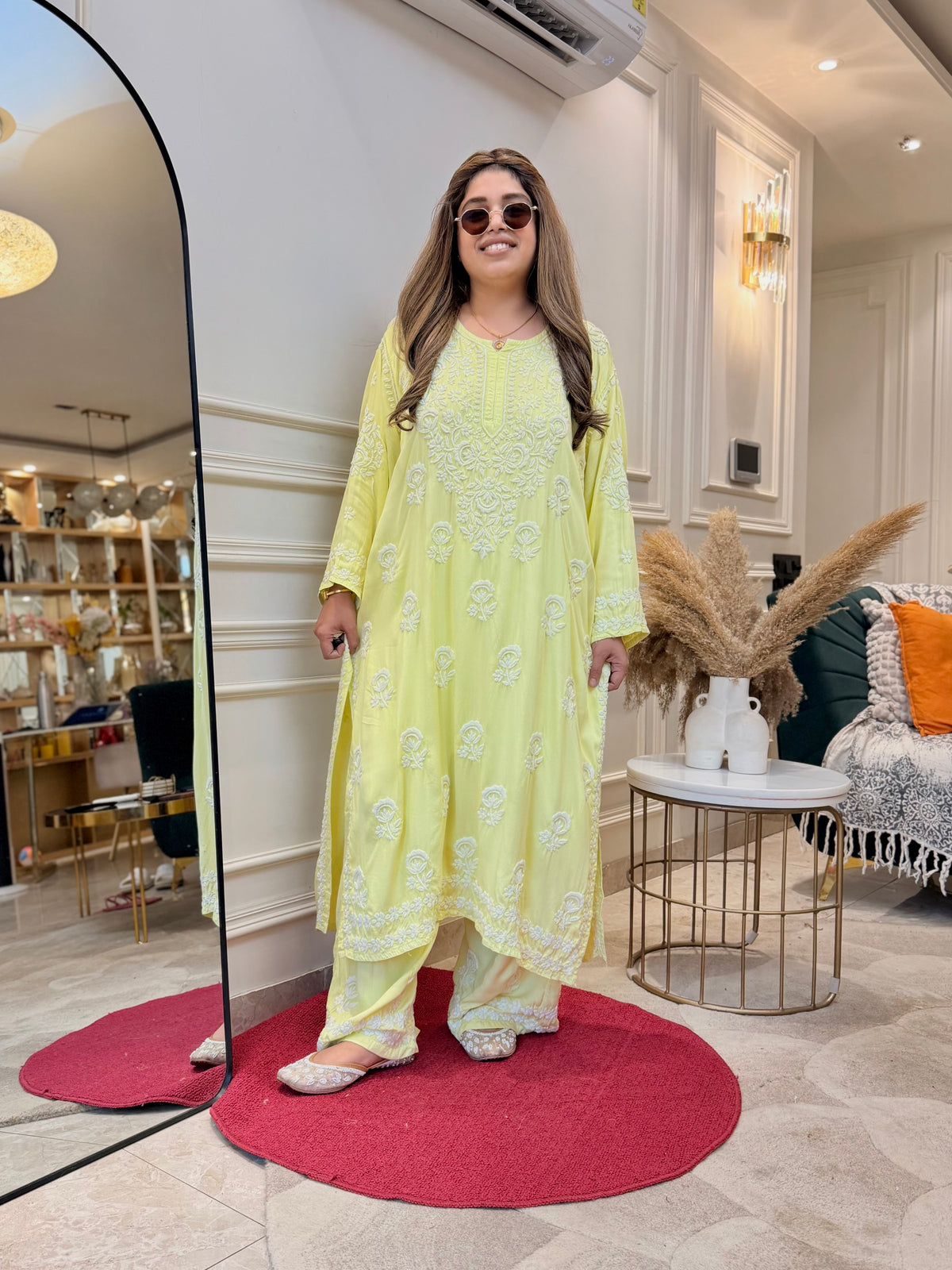 3D Hand Embroidered Chikankari Kurta set | Premium Modal Satin | Neon Green