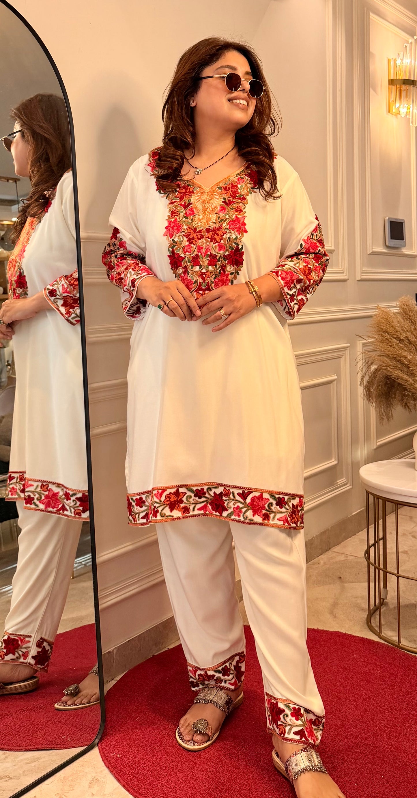 Cotton Kashmiri Emberoried Cordset- Cream Colour