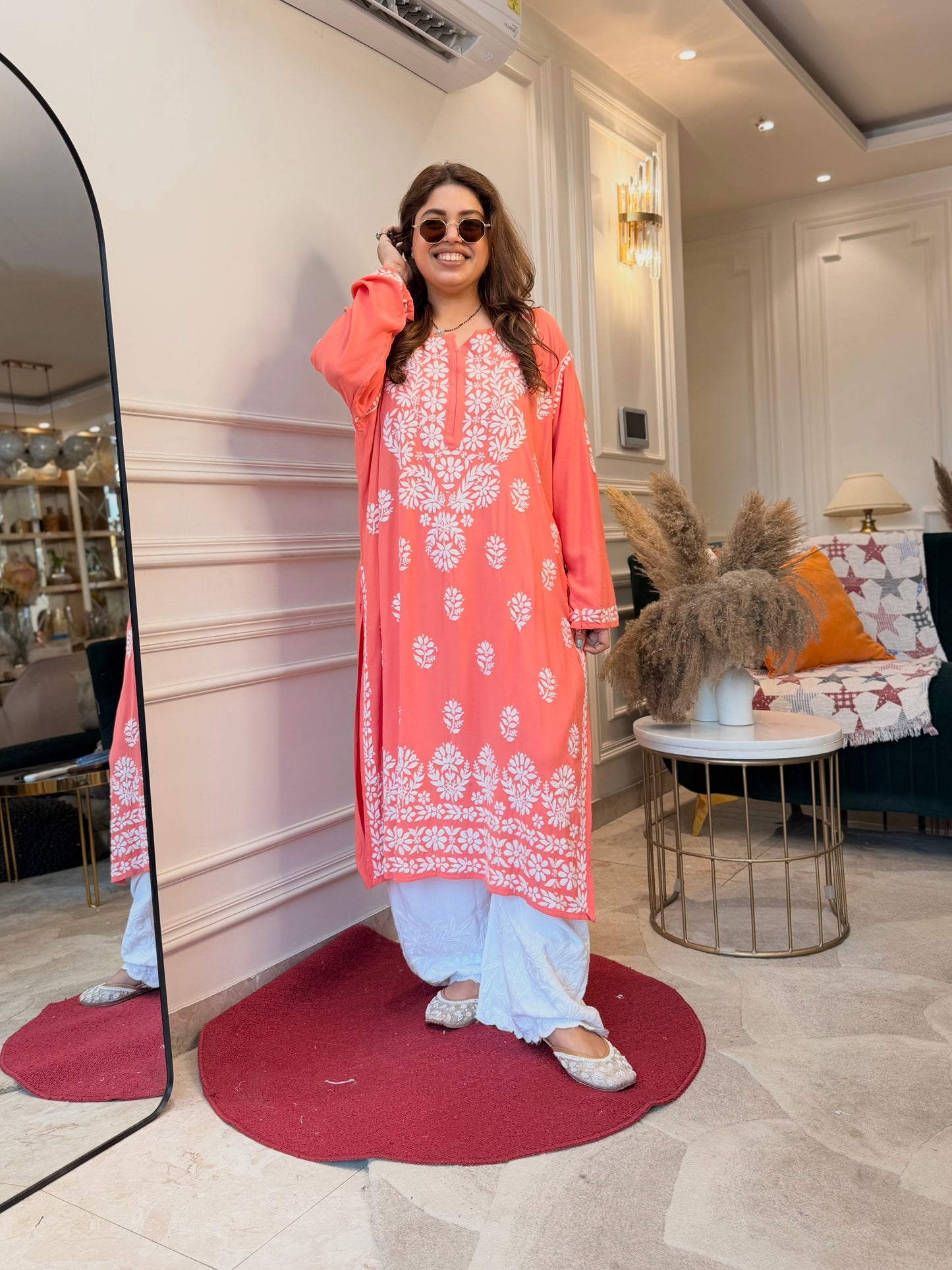 Hand Embroidered 3DChikankari Kurta with Plazo | Premium Soft Cotton | Peach