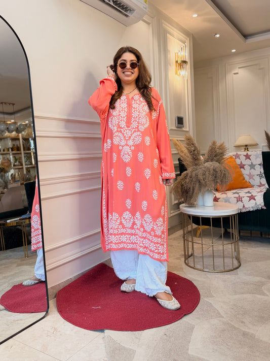 Hand Embroidered 3DChikankari Kurta with Plazo | Premium Soft Cotton | Peach
