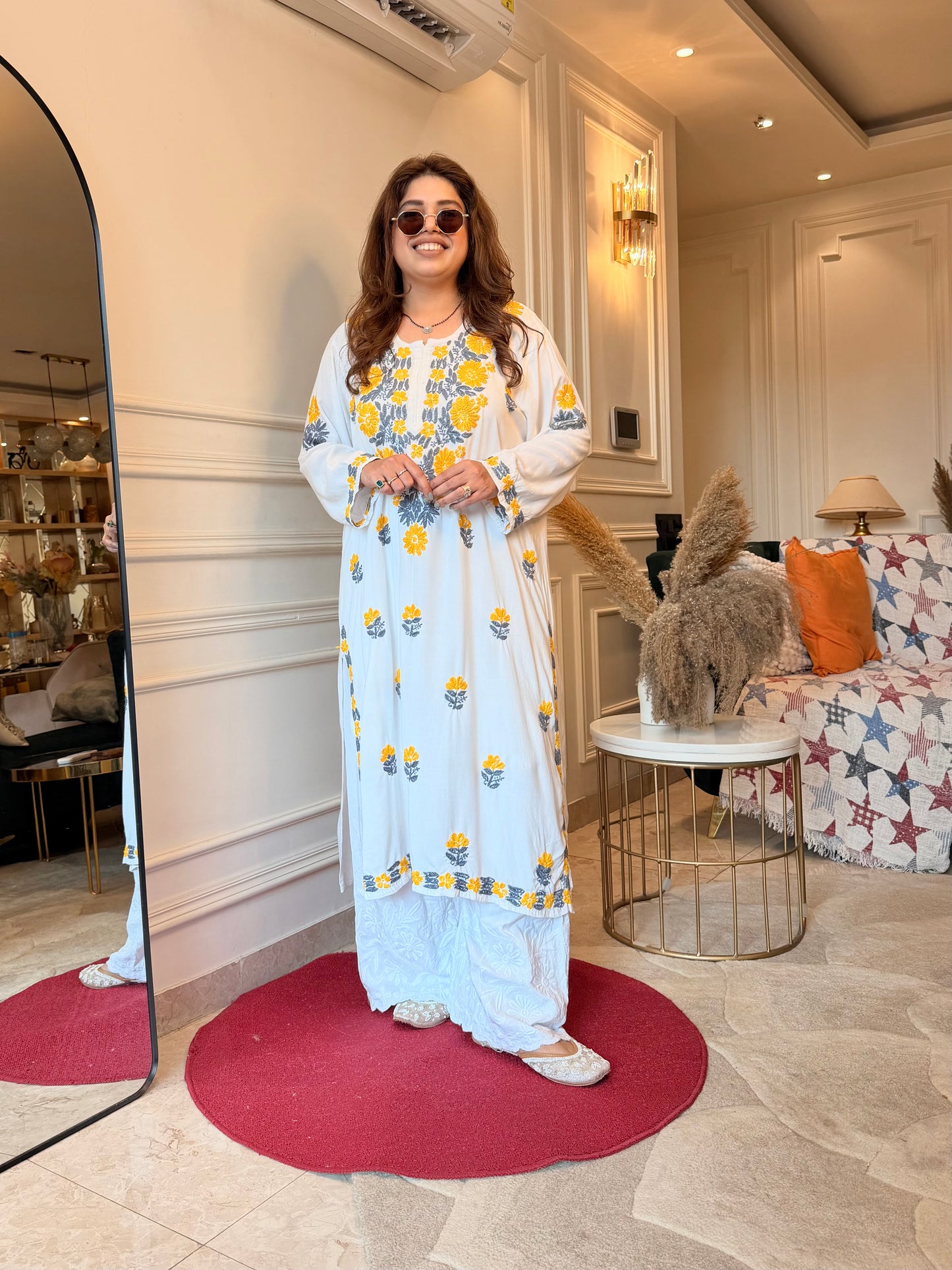 Hand embroidered Chikankari Kurta | Premium Cotton | White with Mustard and Grey
