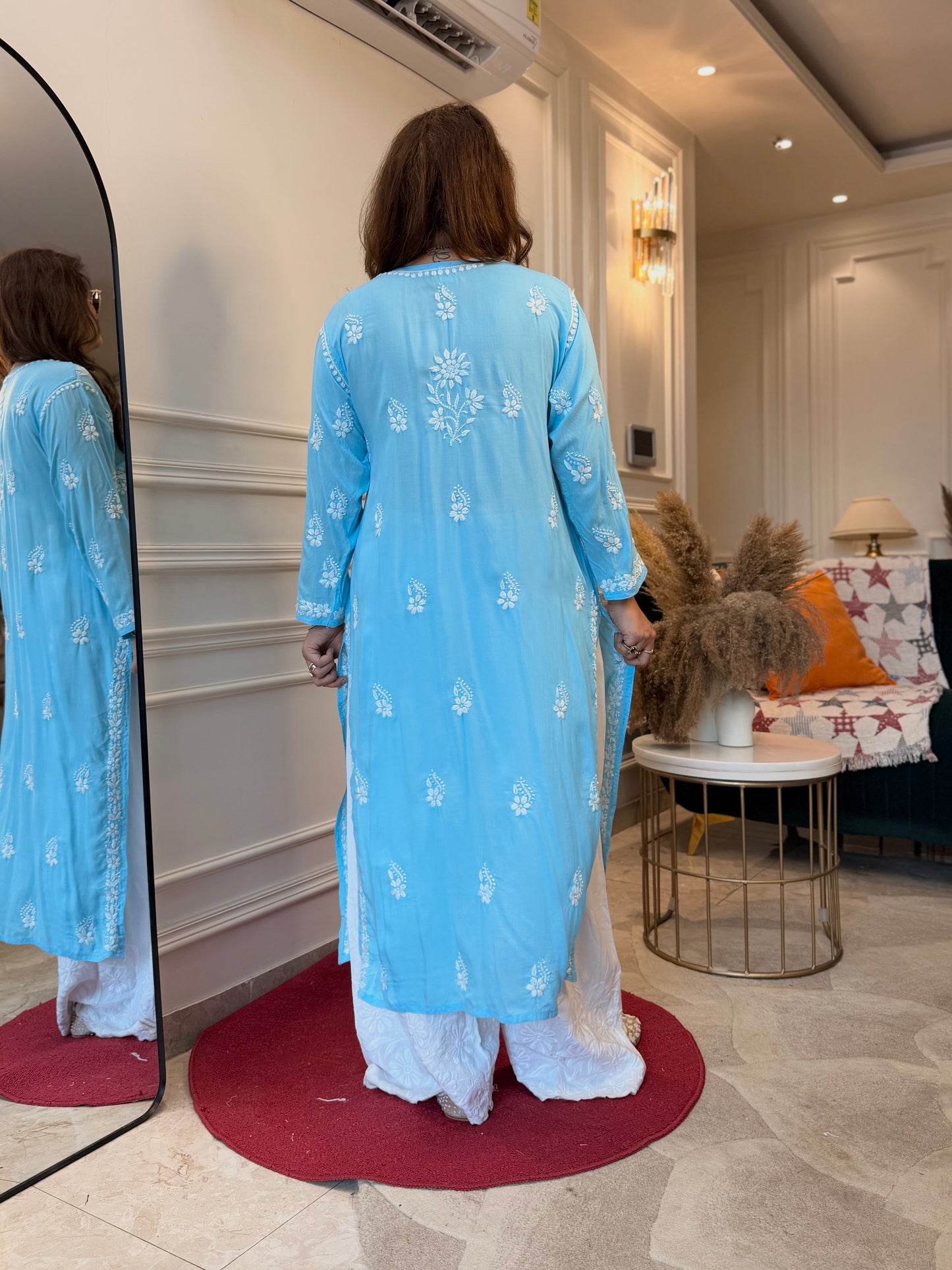 Hand Embroidered 3DChikankari Kurta  | Mul Chanderi | Frozi Blue
