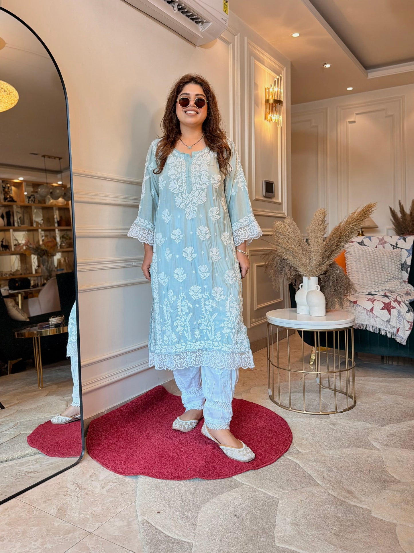 Hand embroidered 6D Chikankari Kurta | Mul Chanderi | Sage