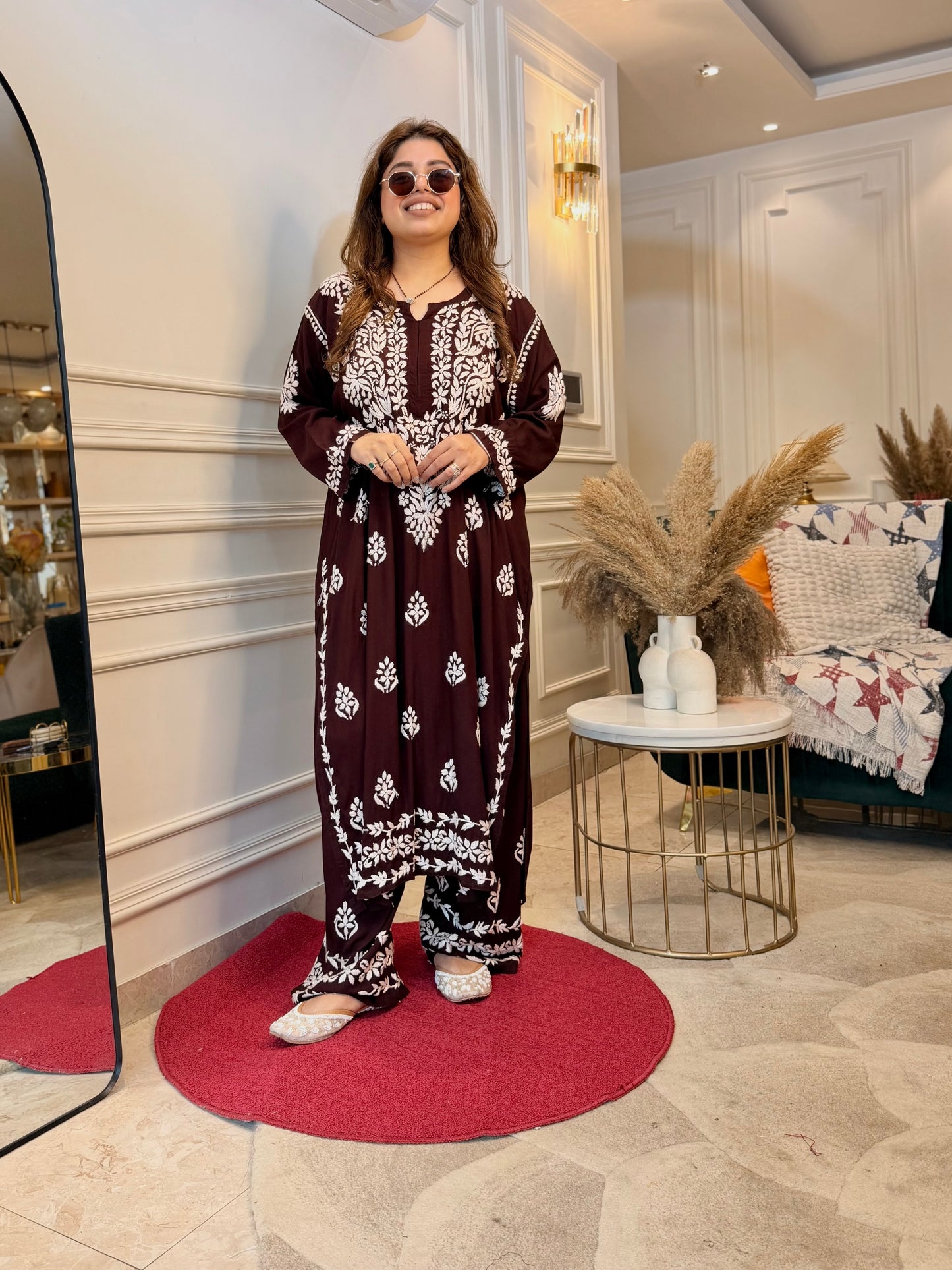 Hand Embroidered Chikankari Kurta set | Modal  | Chocolate Brown