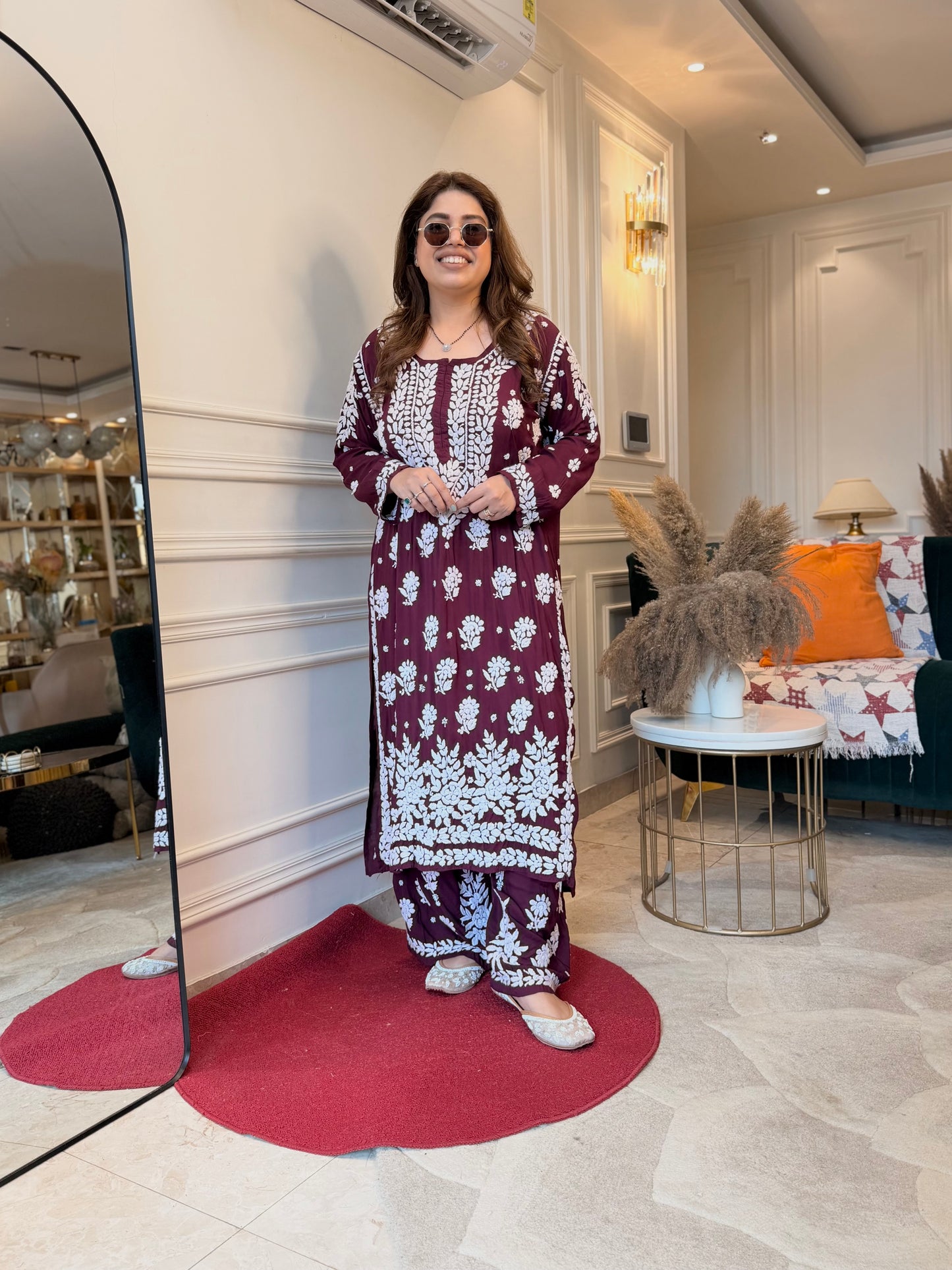 Hand Embroidered 3DChikankari Kurta set | Modal  | Maroon