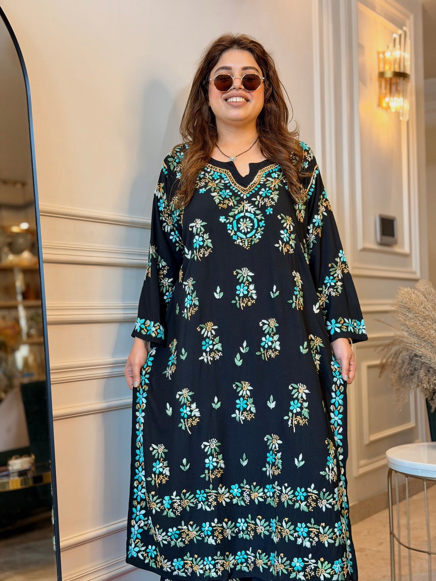 Hand Embroidered Chikankari Kurta set | Modal  | Black with Blue