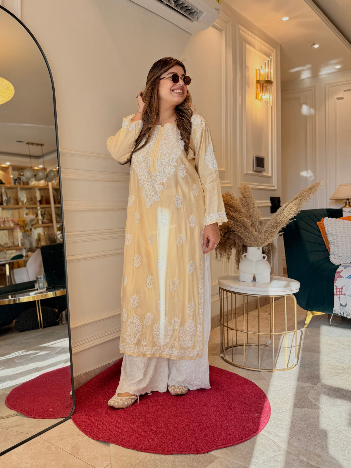 Hand Embroidered 3D Chikankari Kurta | Mul Chanderi | Light Yellow