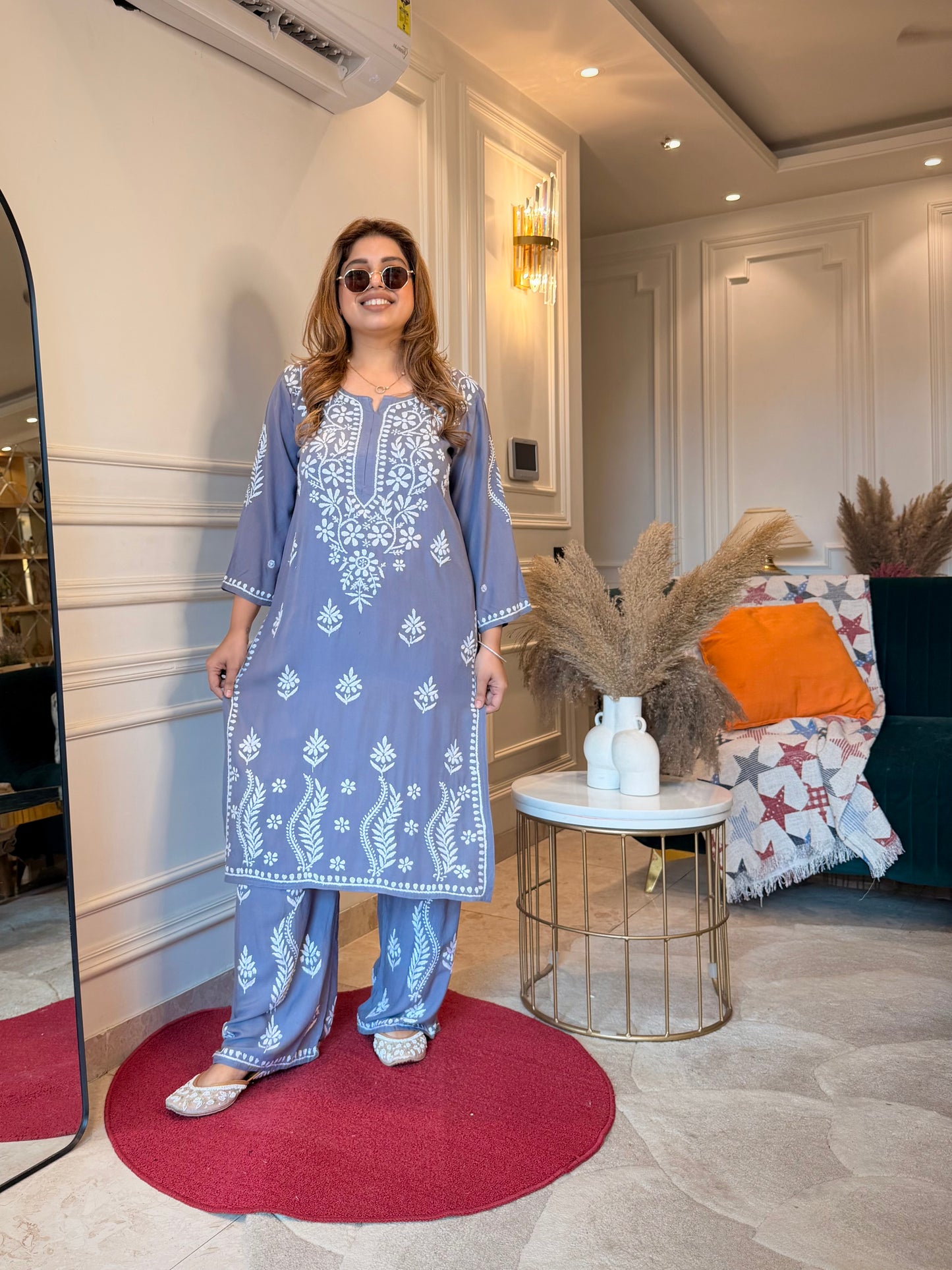 Hand Embroidered Chikankari Kurta set | Modal cotton | Slate Grey