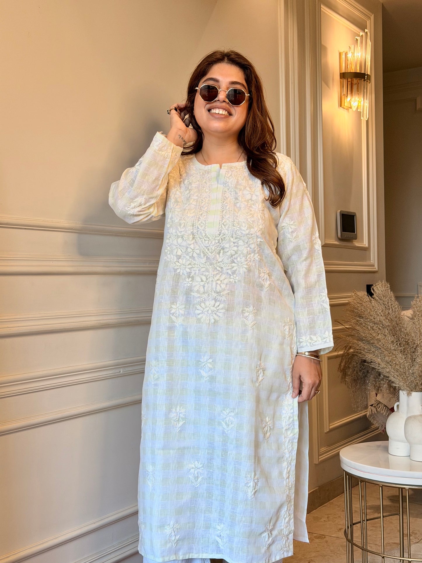 Hand Embroidered Chikankari Kurta Set - Kota Doriya Fabric | Mint Green