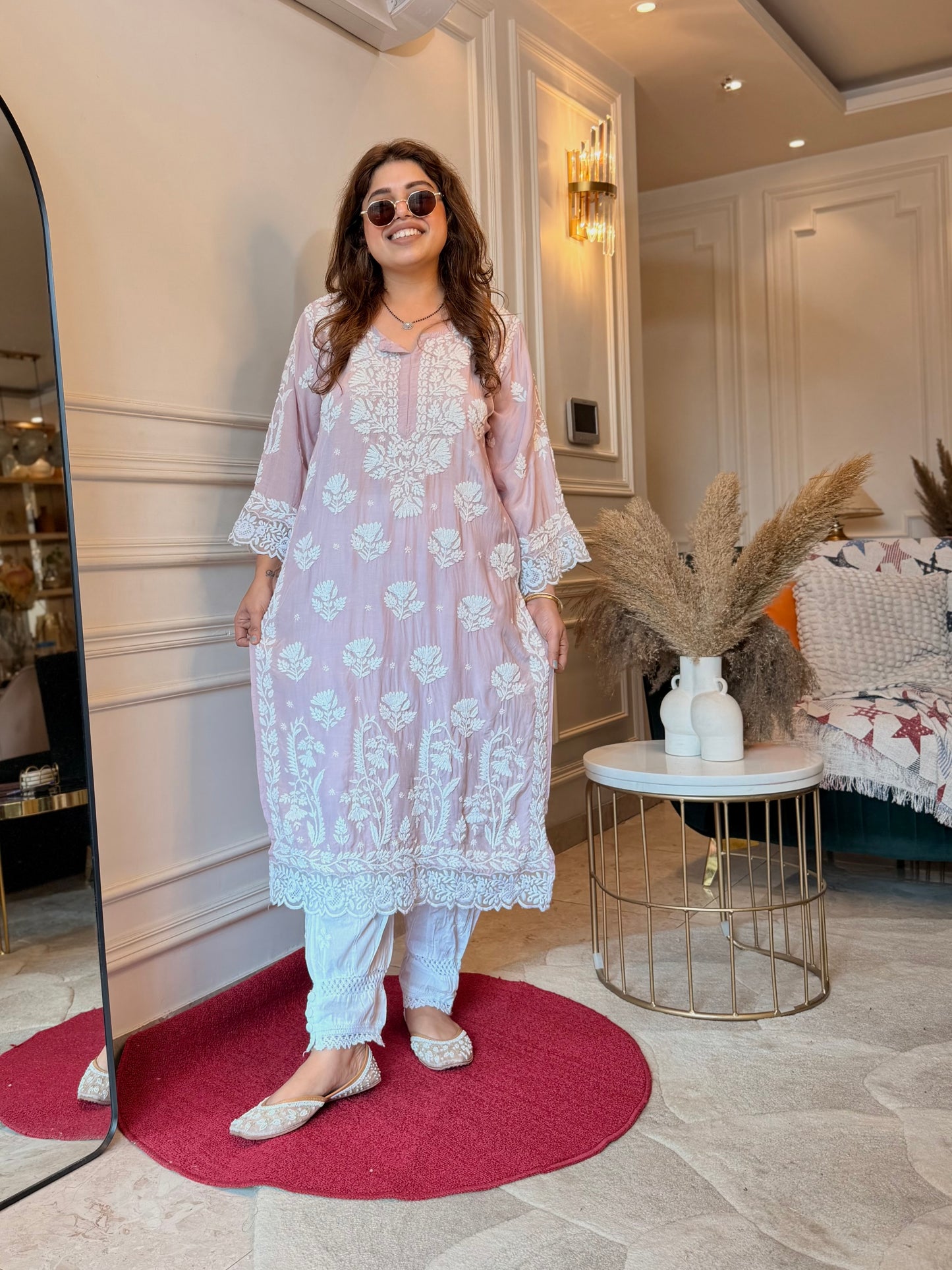 Hand embroidered 6D Chikankari Kurta | Mul Chanderi | Nude Pink
