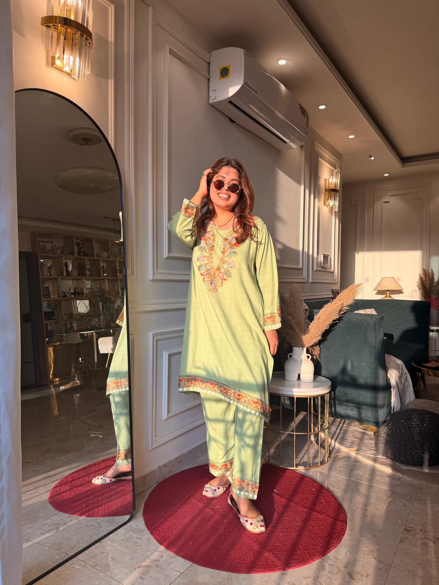 Cotton Kashmiri Emberoried Cordset- Mint Green