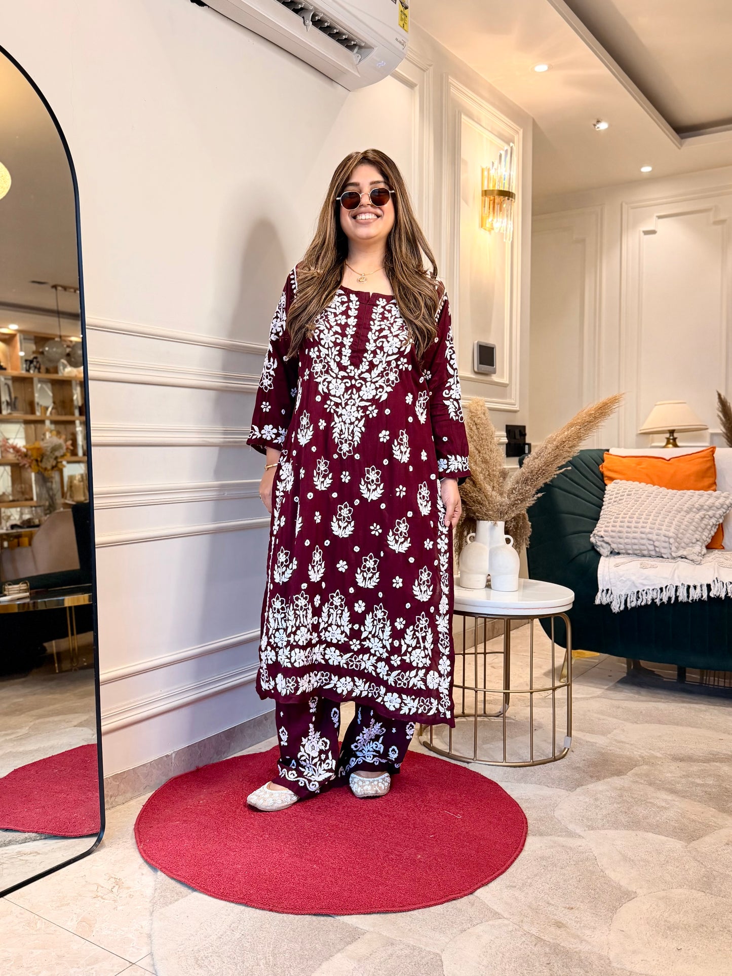 Hand embroidered 3D Chikankari Kurta set | Premium Modal| Mahroon