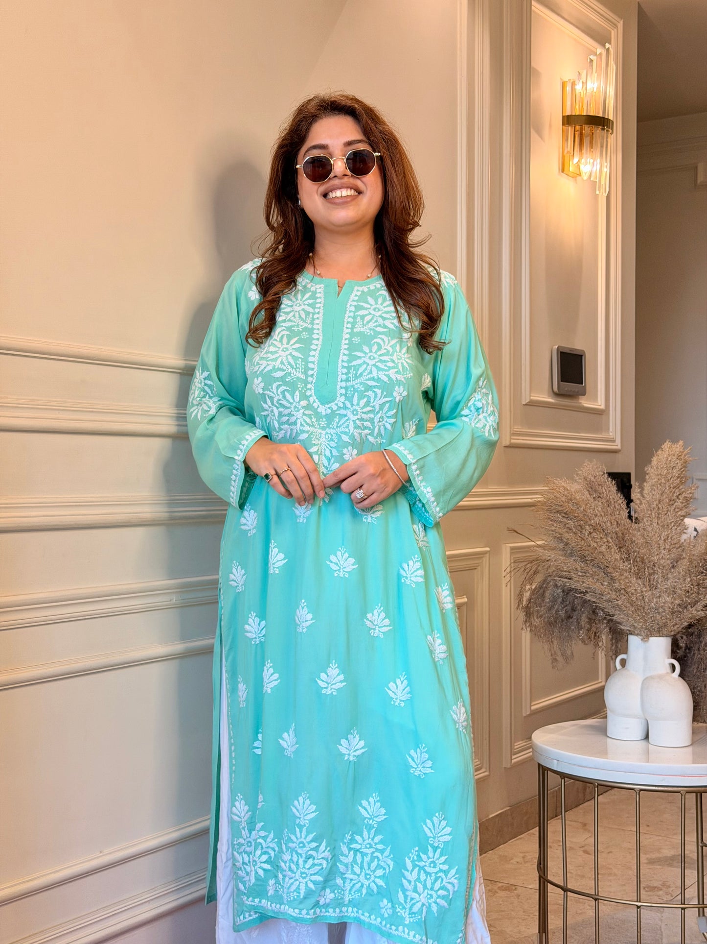 Hand Embroidered Chikankari Kurta | Modal | Aqua Mint