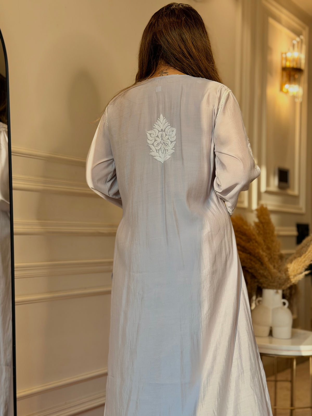 Hand Embroidered 3D Chikankari Kurta | Mul Chanderi | Grey