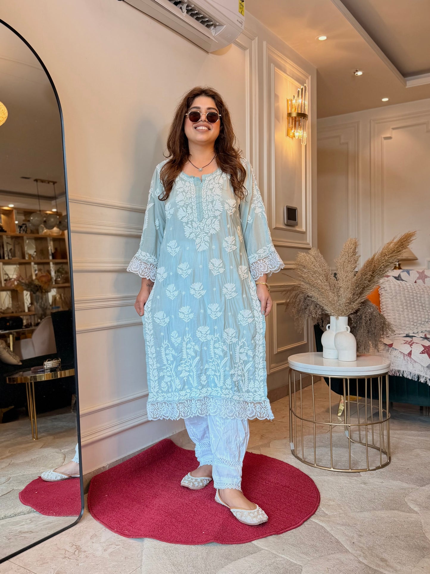 Hand embroidered 6D Chikankari Kurta | Mul Chanderi | Sage