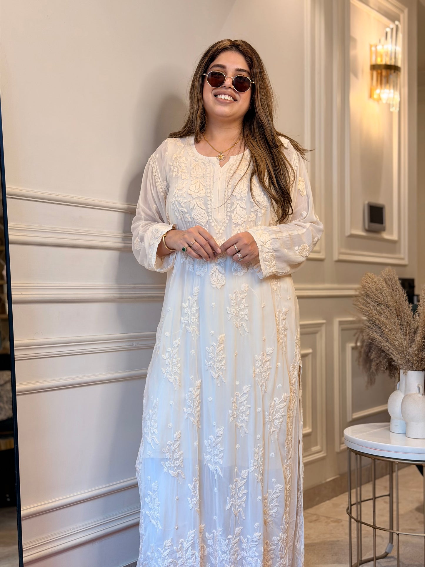 Hand Embroidered 3DChikankari Kurta  | Viscose | Beige