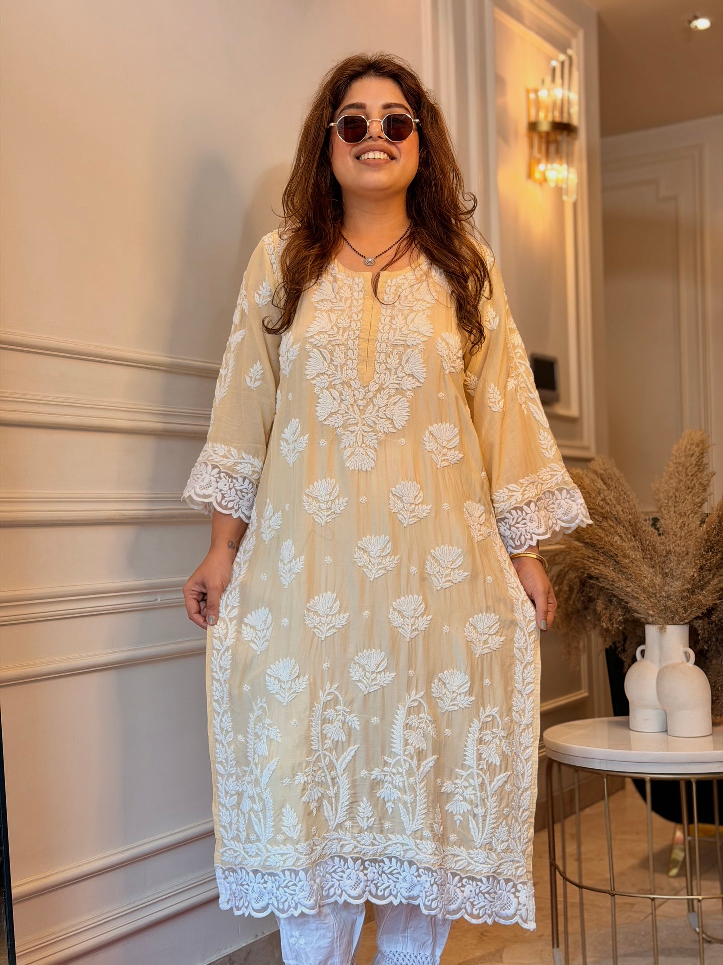 Hand embroidered 6D Chikankari Kurta | Mul Chanderi | Ivory