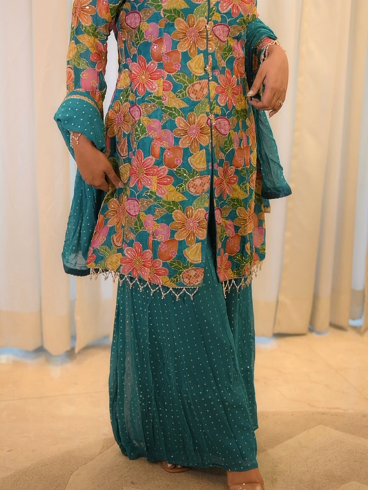 Teal Floral Embroidered Kurta Sharara Set with Dupatta