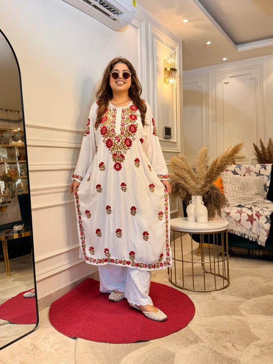 Hand embroidered Chikankari Kurta | Premium Cotton | White with Red with Brown