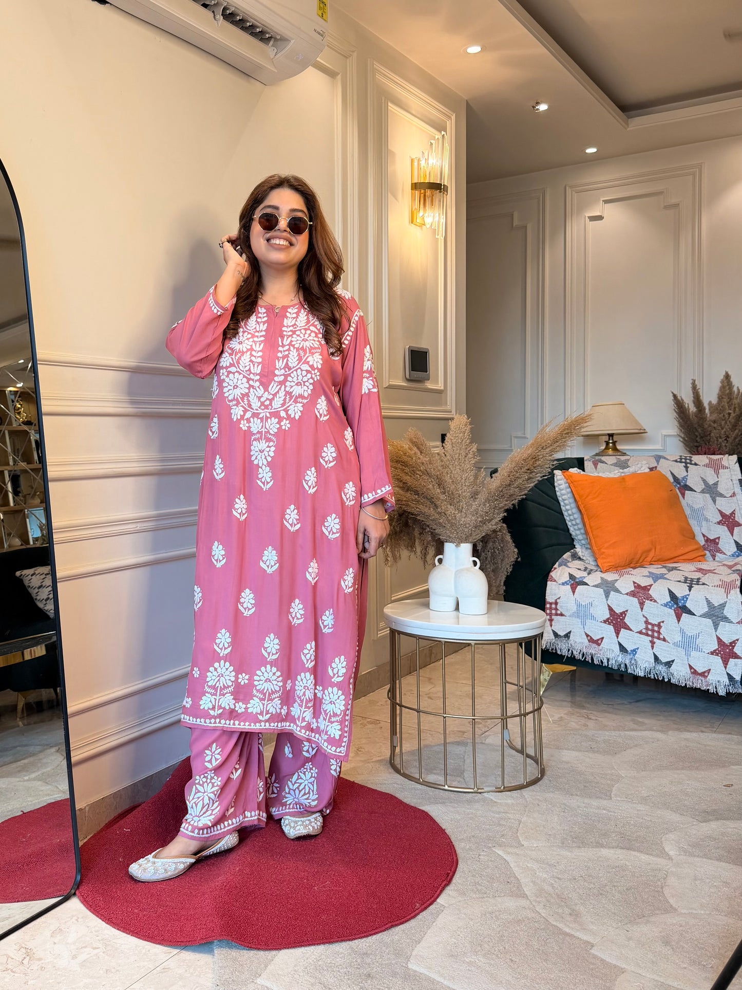 Hand Embroidered Chikankari Kurta set | Modal | Peach Blossom