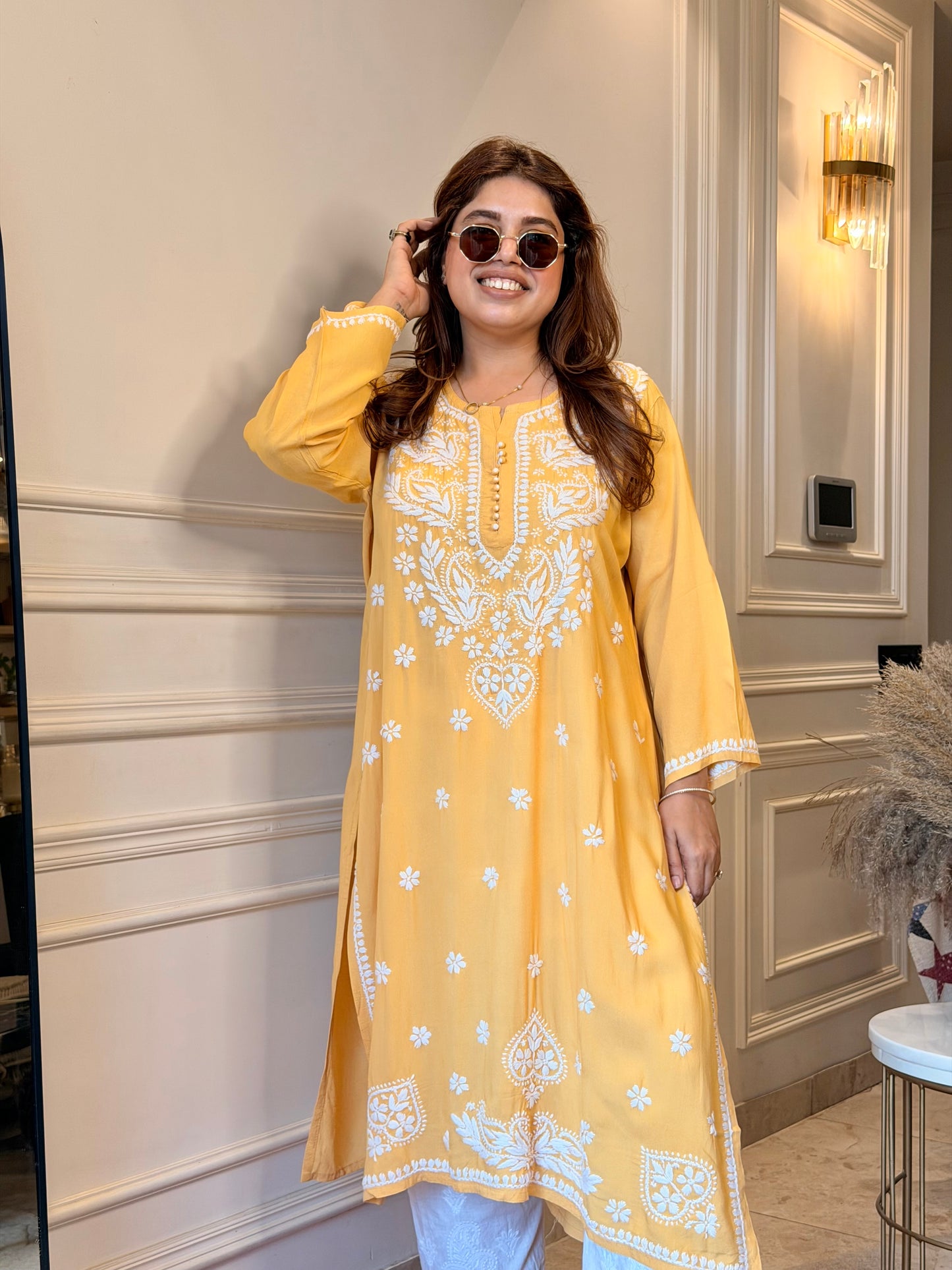 Hand Embroidered Chikankari Kurta | Modal |  Mustard