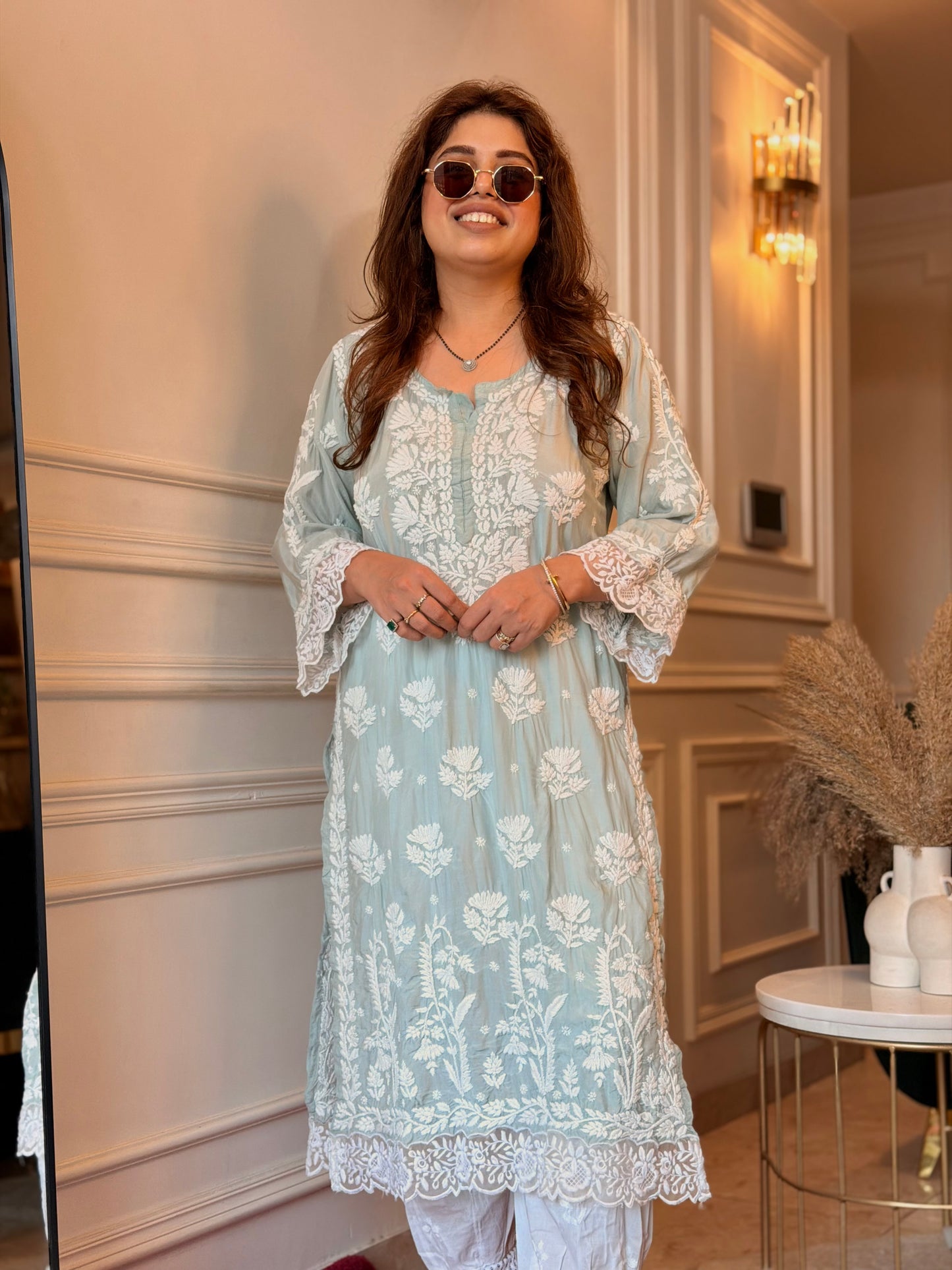 Hand embroidered 6D Chikankari Kurta | Mul Chanderi | Sage