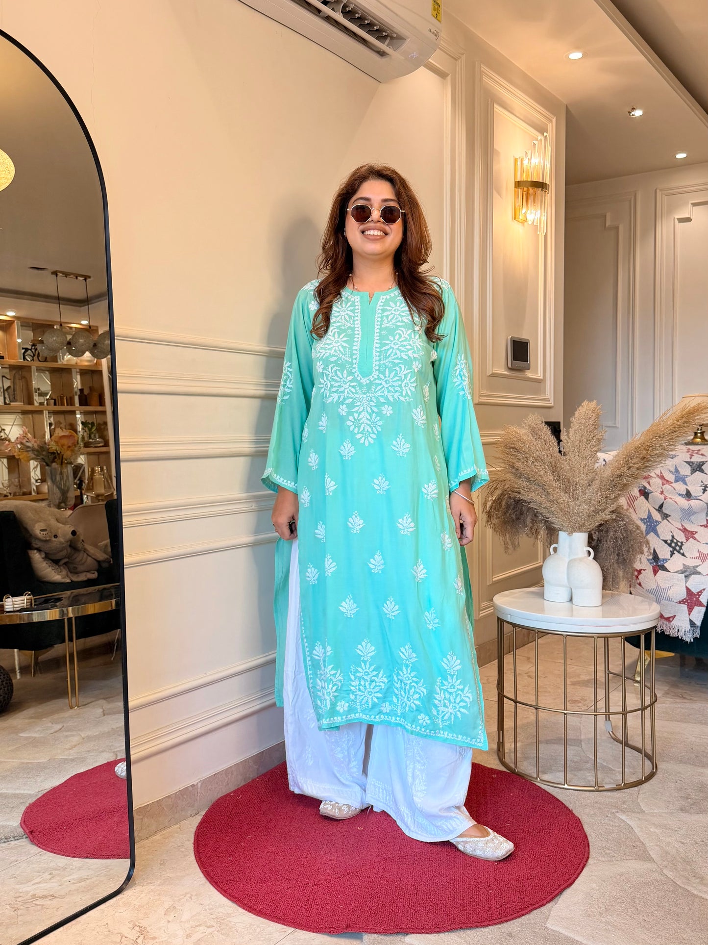 Hand Embroidered Chikankari Kurta | Modal | Aqua Mint