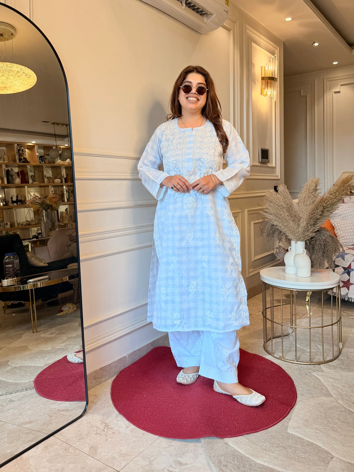Hand Embroidered Chikankari Kurta Set - Kota Doriya Fabric | Powder Blue