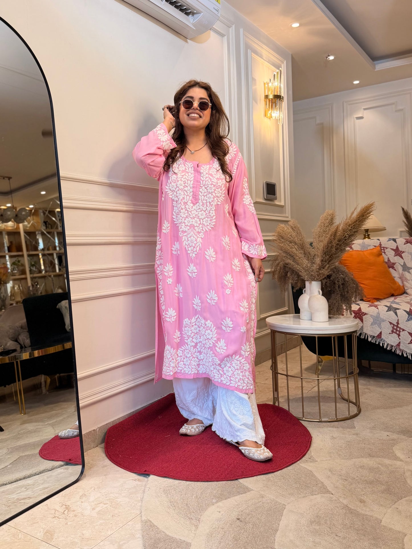 Hand Embroidered 6D Chikankari Kurta | Modal | Pink