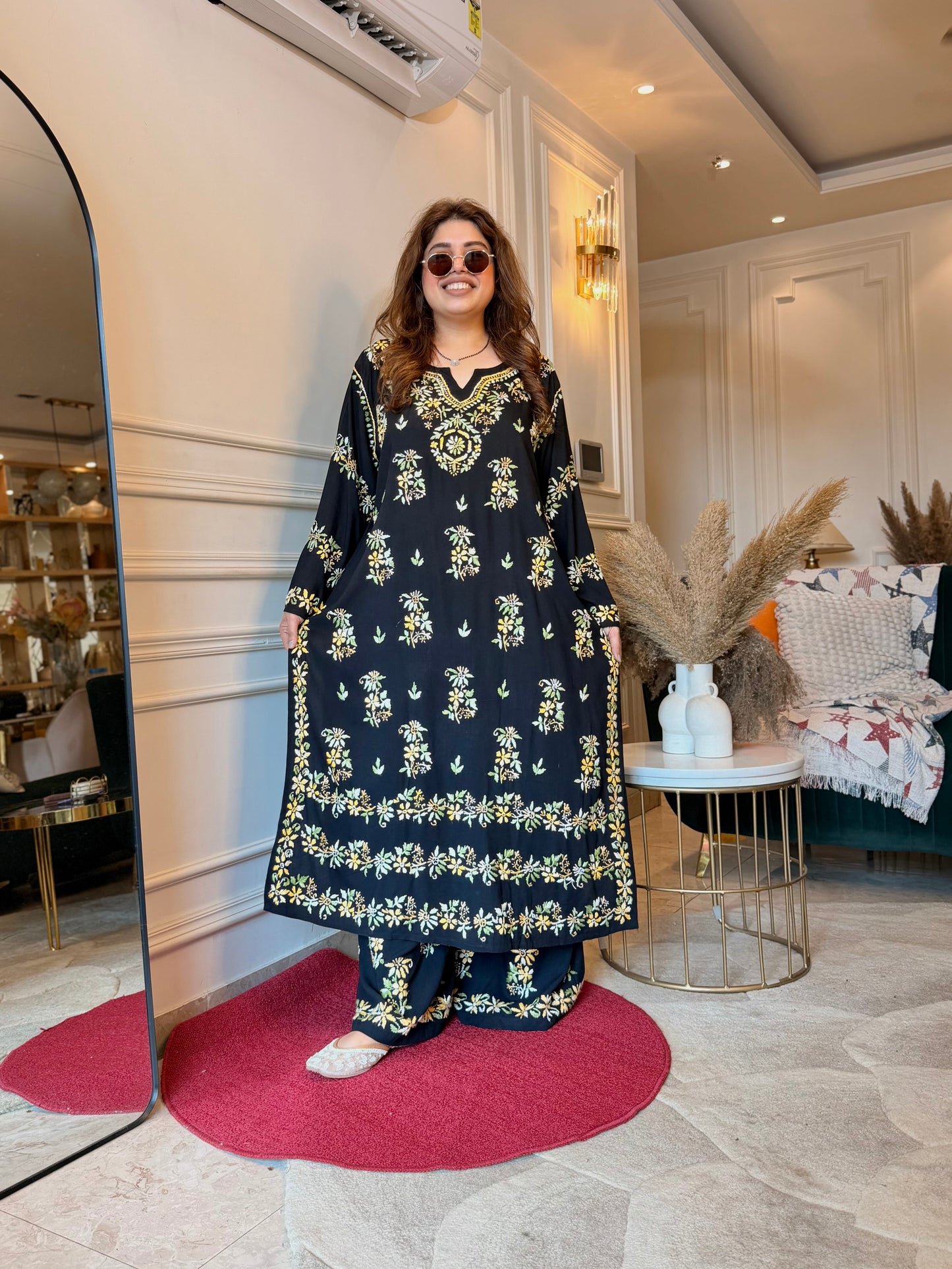 Hand Embroidered Chikankari Kurta set | Modal  | Black with Mustard
