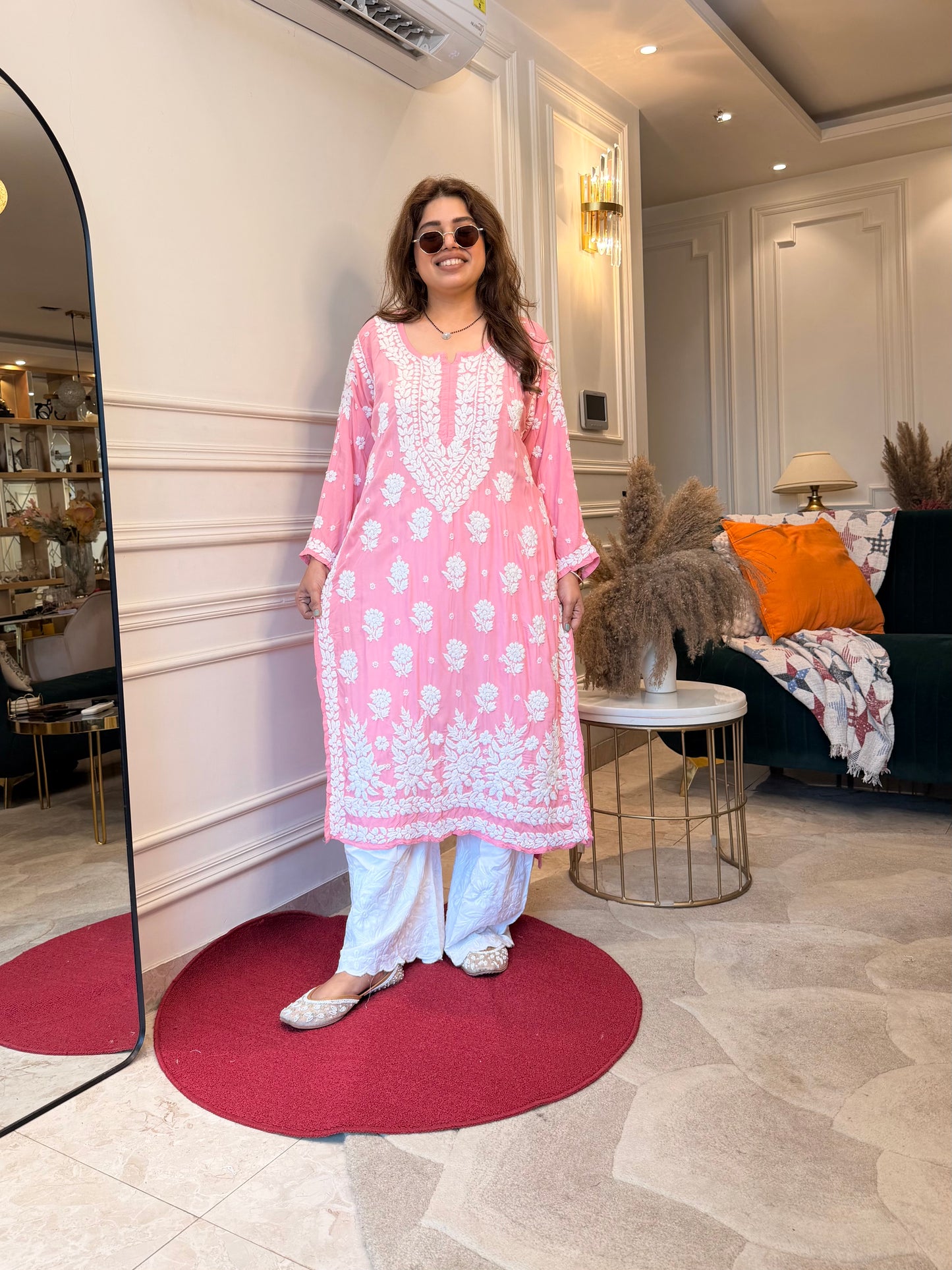 Hand Embroidered 3DChikankari Kurta set | Premium Modal  | Candy Pink