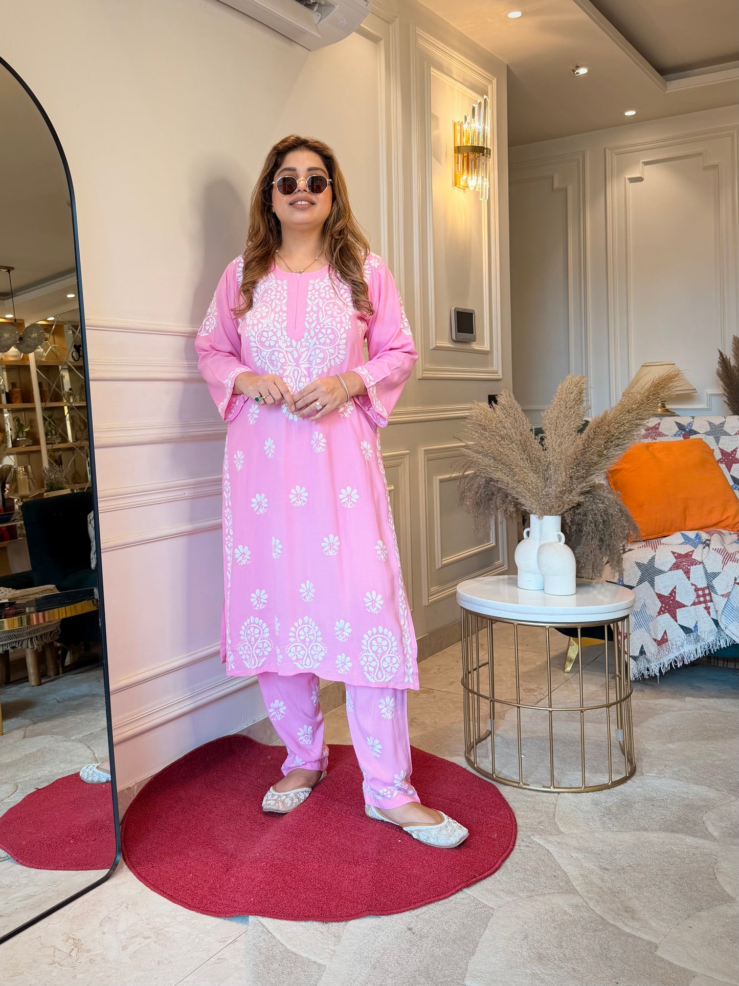 Hand Embroidered Chikankari Kurta set | Modal cotton | Pink