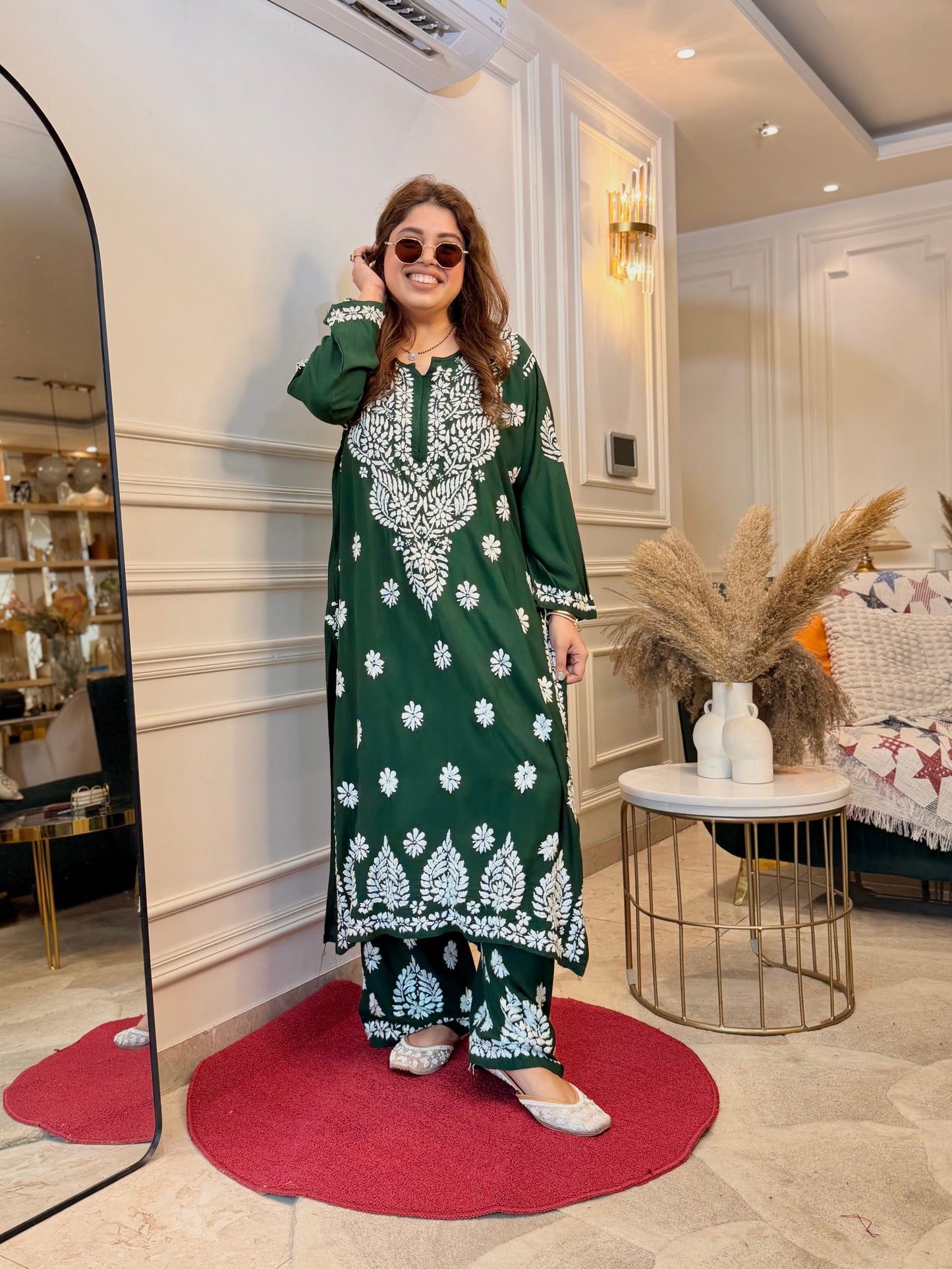 Hand Embroidered Chikankari Kurta set | Modal | Emerald