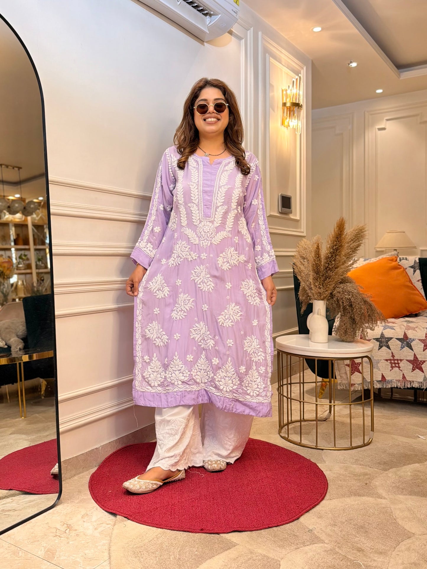 Hand Embroidered Chikankari Kurta Set | Premium Mul Chanderi | Lavender