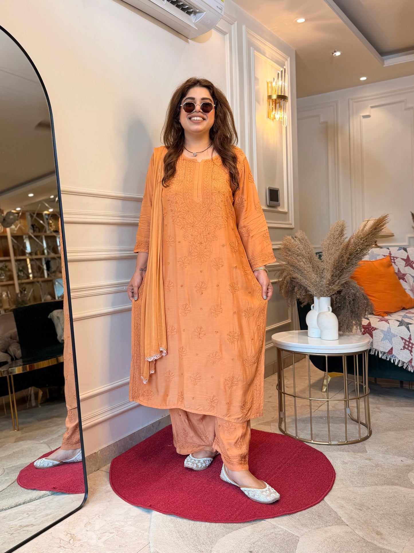 Hand Embroidered Chikankari 3 piece Kurta set | Mul Chanderi | Golden Mustard