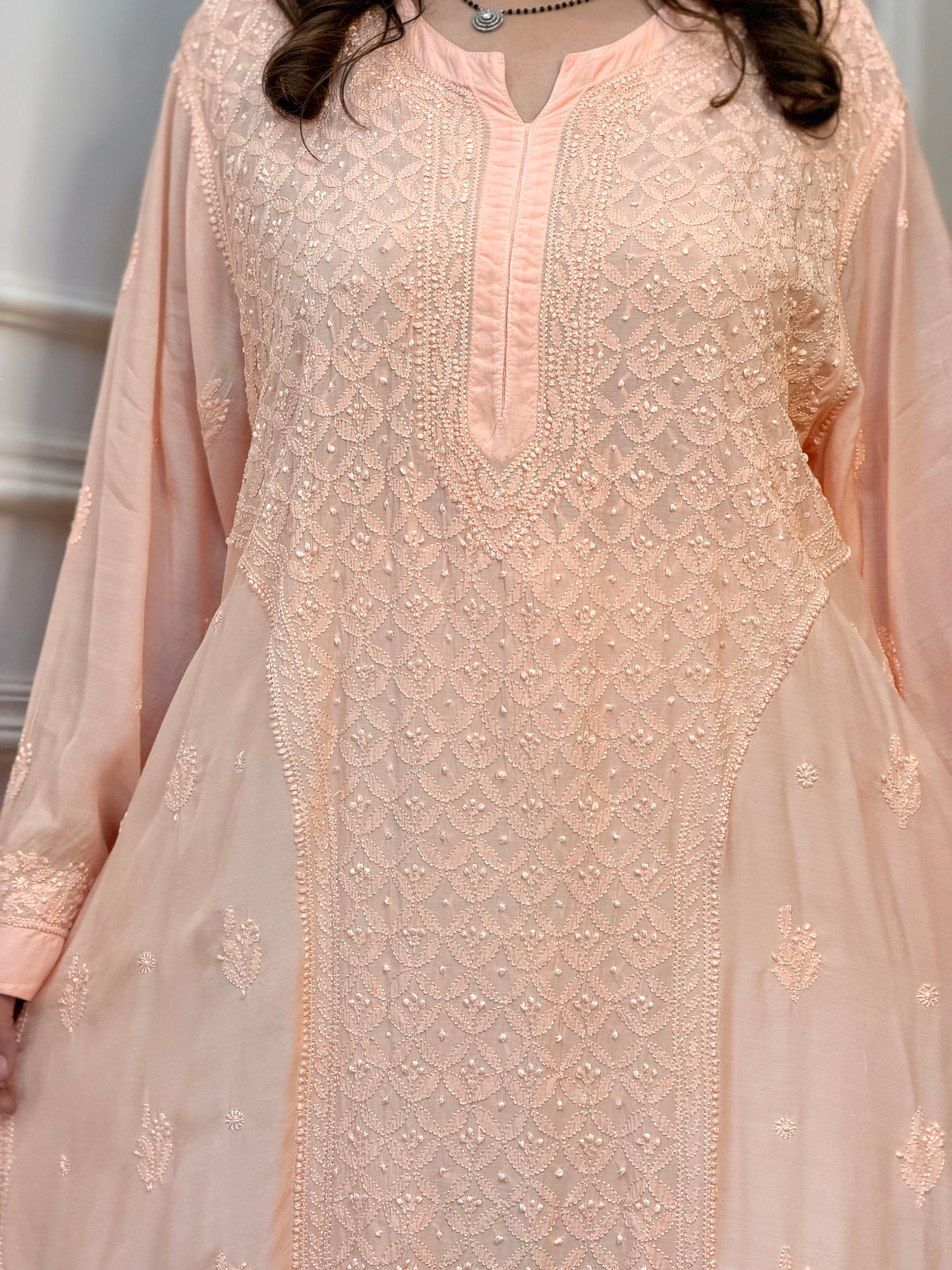 Hand Embroidered Chikankari Kurta  | Premium Muslin | Peach
