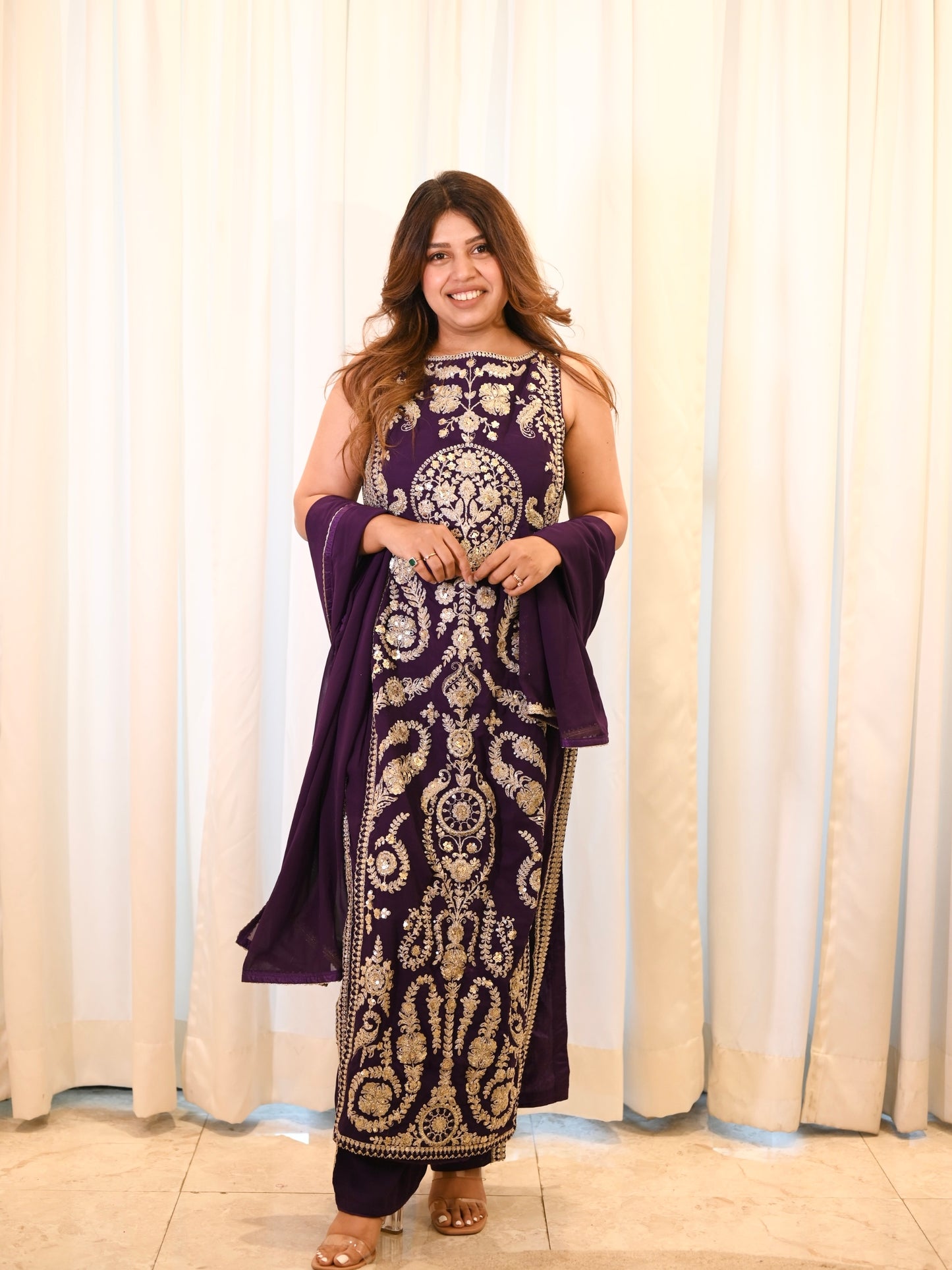 Royal Purple Hand-Embroidered Straight Co Ord Set– Festive & Wedding