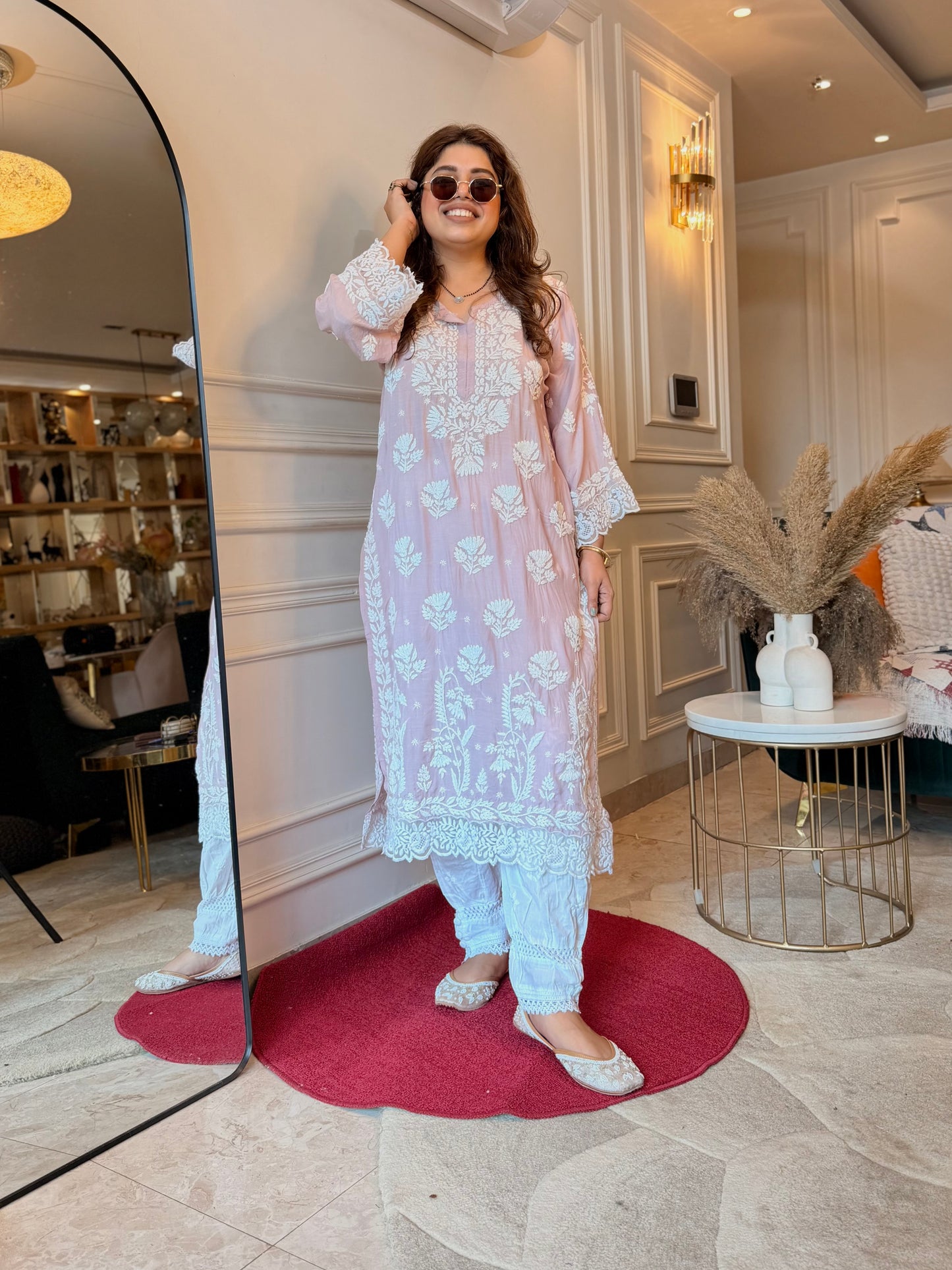 Hand embroidered 6D Chikankari Kurta | Mul Chanderi | Nude Pink