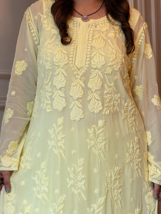 Hand Embroidered 3DChikankari Kurta  | Viscose | Butter Yellow