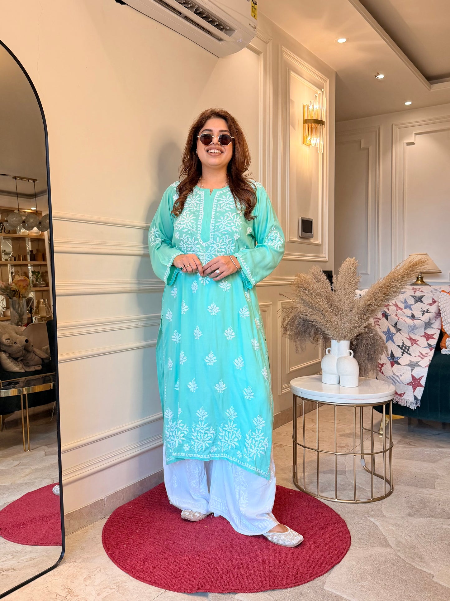 Hand Embroidered Chikankari Kurta | Modal | Aqua Mint