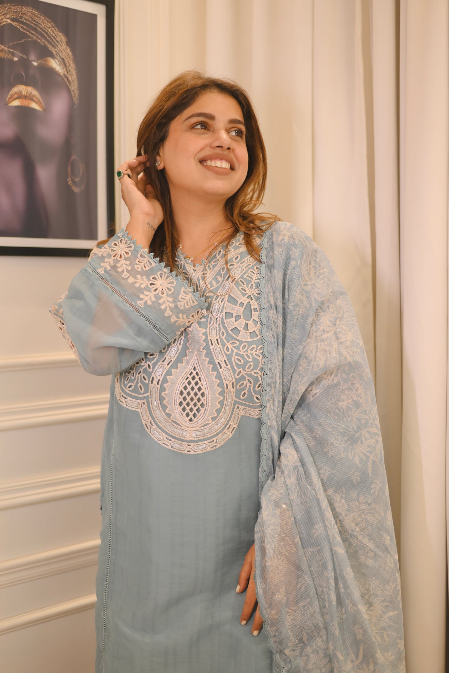 Exclusive Serene Blue Charm – Embroidered 3-Piece Suit Elegance  | Sizes M to XXL
