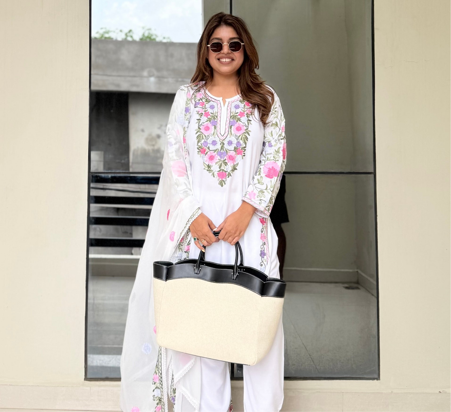 White Blossom Kashmiri Suit Set with Dupatta