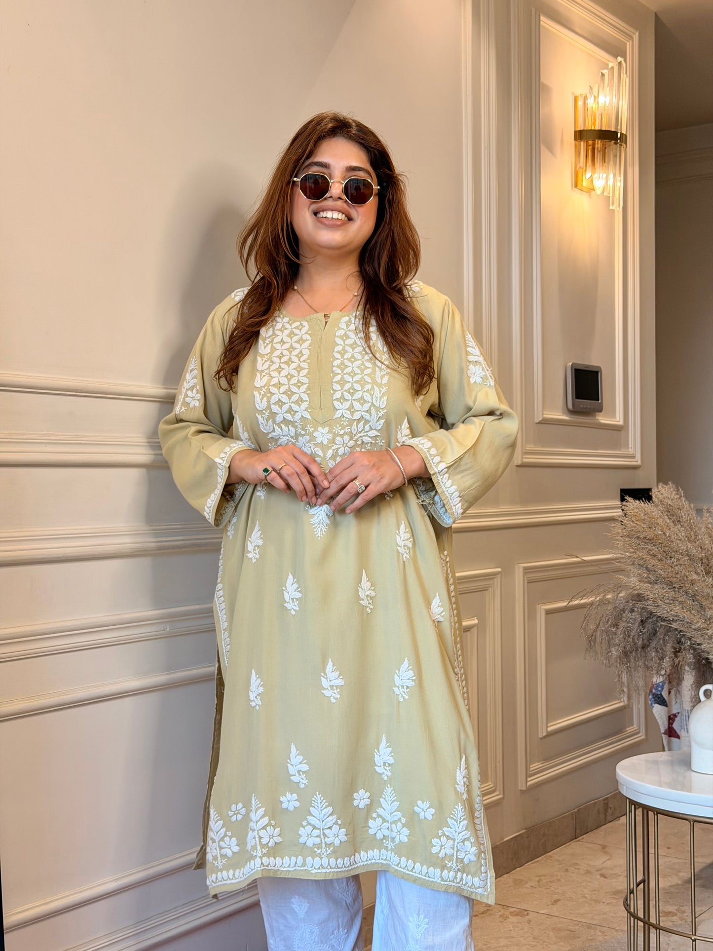 Hand Embroidered Chikankari Kurta | Modal | Olive