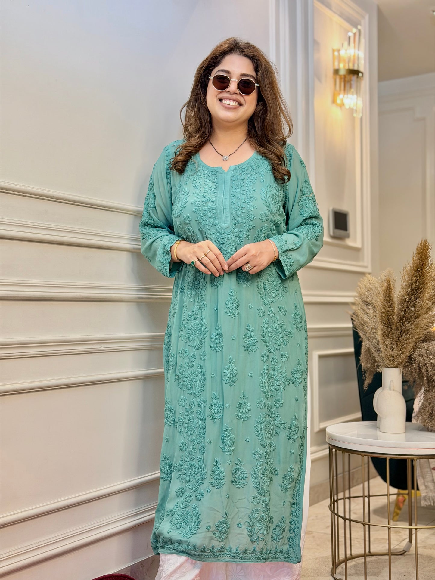 Hand Embroidered 6D Chikankari Kurta  | Premium Viscose | Teal