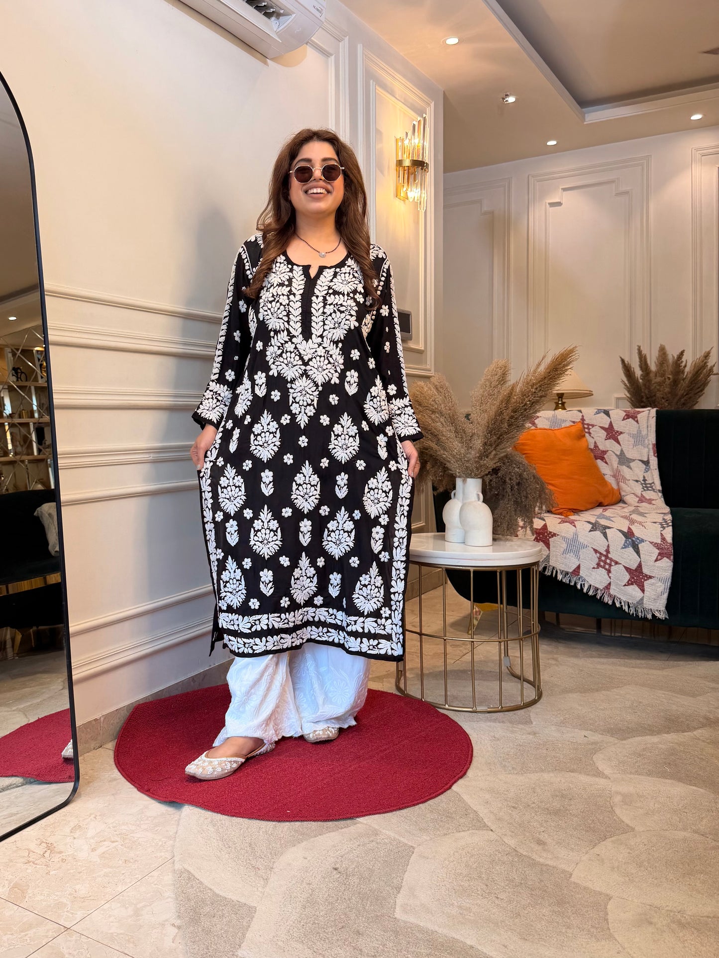 Hand Embroidered 6D Chikankari Kurta | Modal | Black with White Chikankari