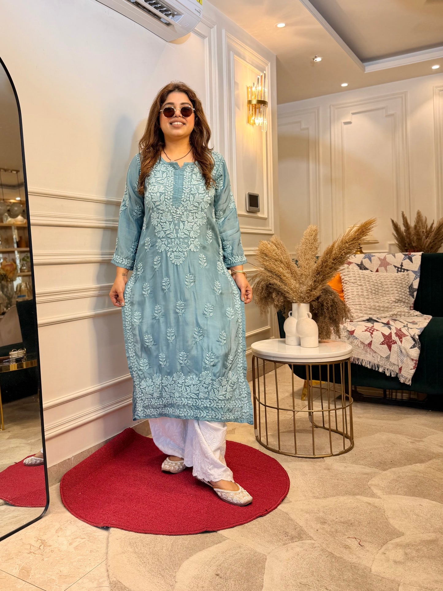 Hand Embroidered 3DChikankari Kurta  | Mul Chanderi | Dusty Blue